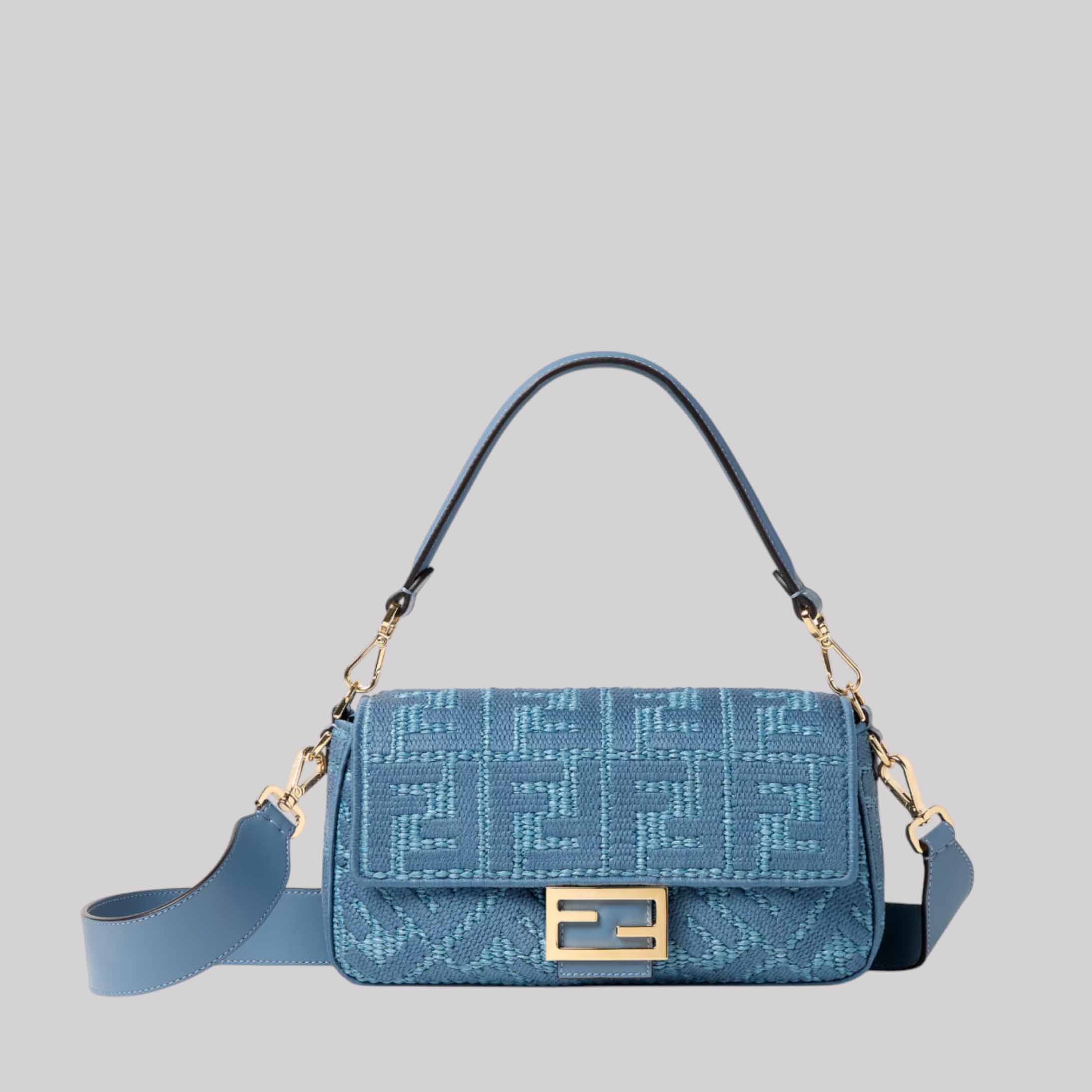 Baguette® Blue Woven Raffia-Effect Material Bag With FF Embroidery