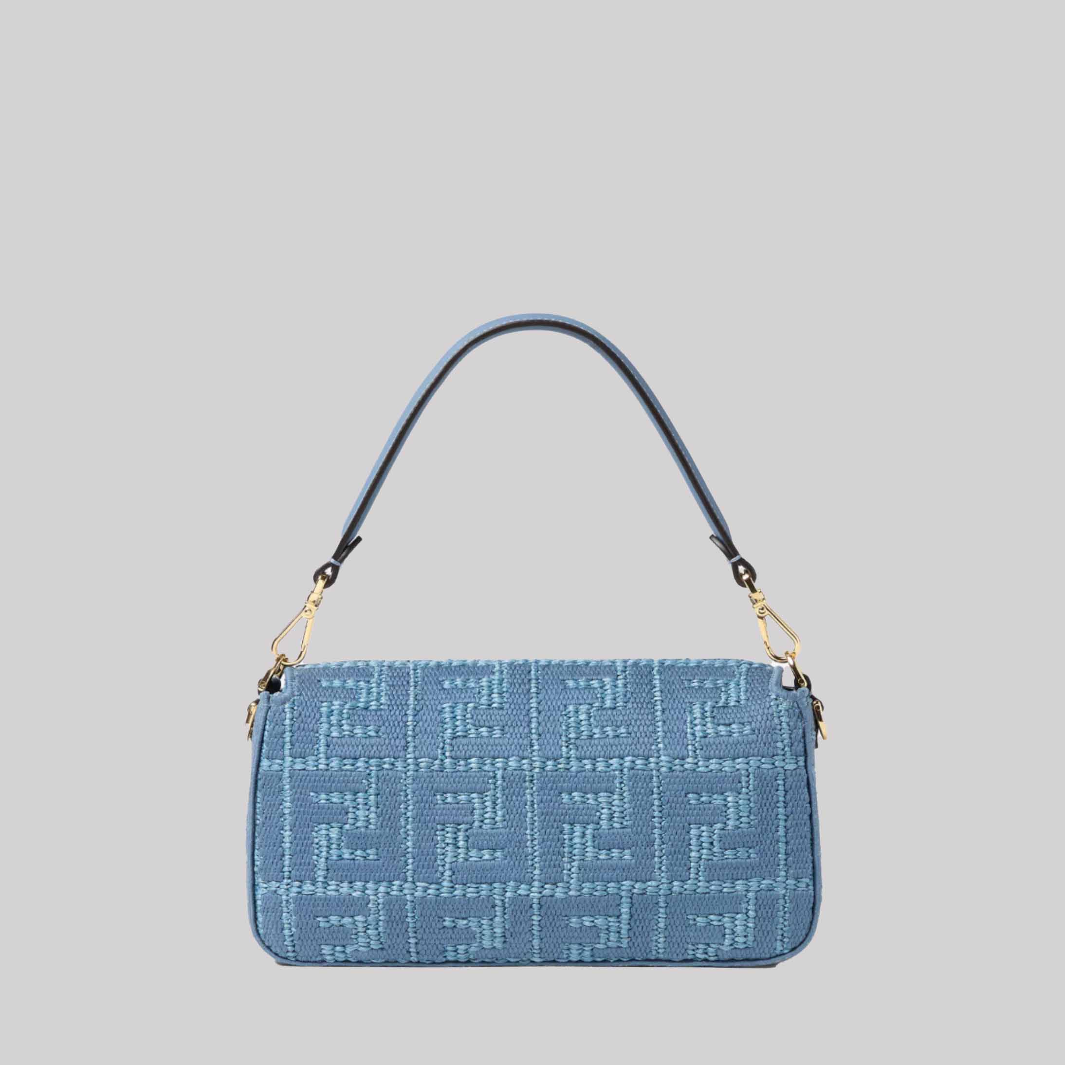 Baguette® Blue Woven Raffia-Effect Material Bag With FF Embroidery