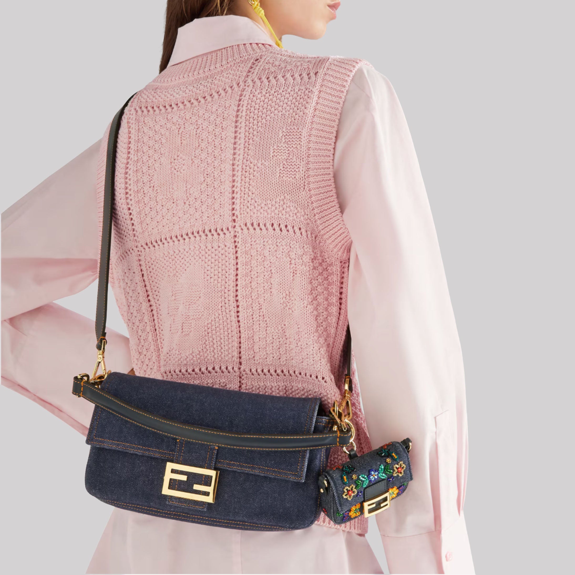 Baguette® Dark Blue Denim Bag And Jacquard FF Blue Denim Effect