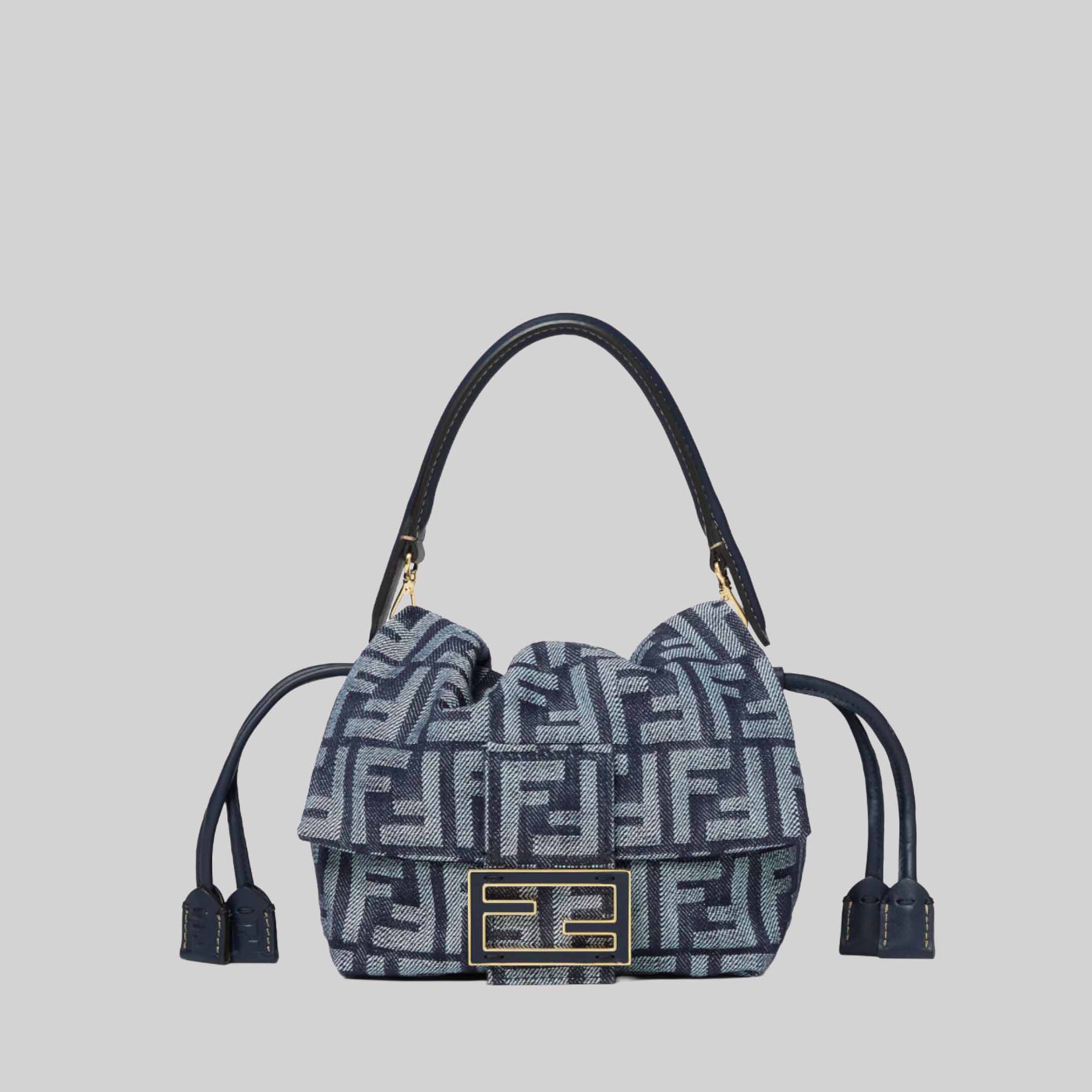 Mamma Baguette Small Dark Blue Denim-Effect FF Jacquard Mini-Bag
