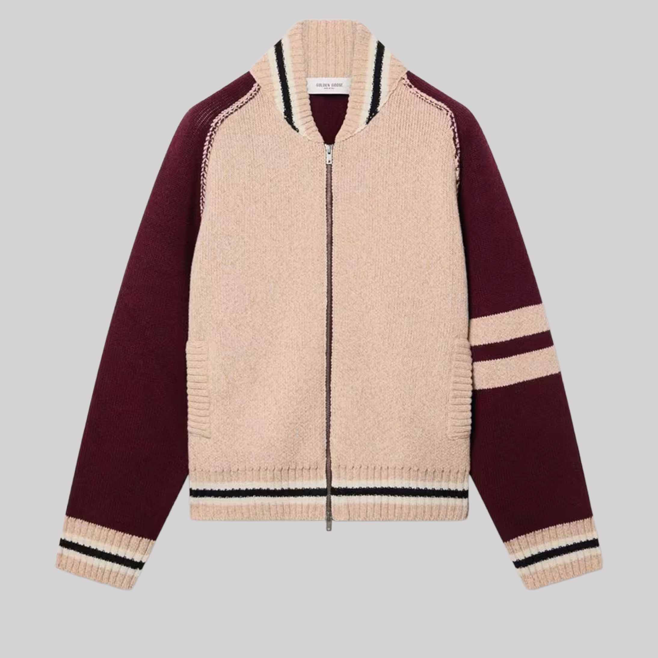 Unisex Bomber Jacket In White And Burgundy Jacquard Knit