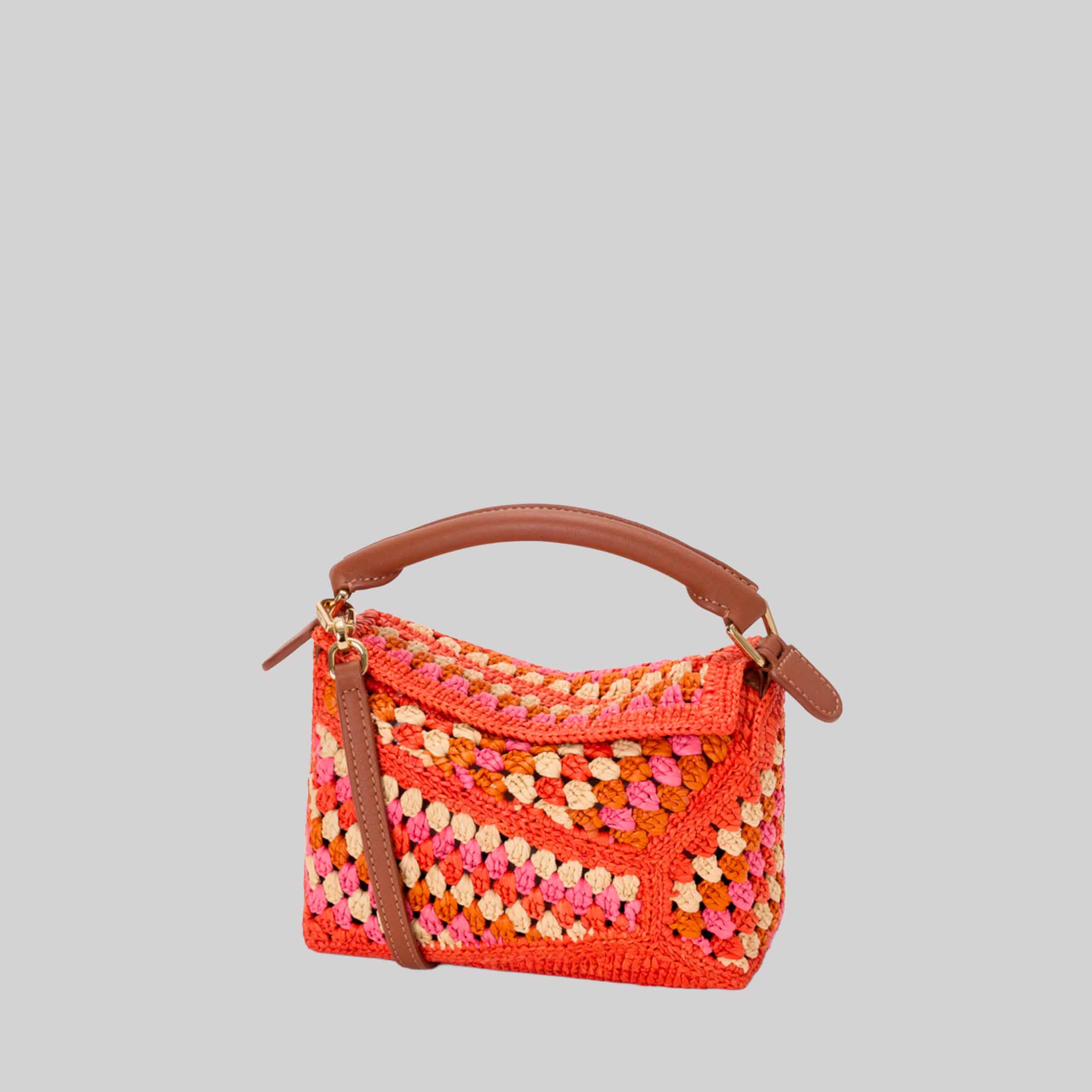 Mini Puzzle Edge Bag In Raffia And Calfskin