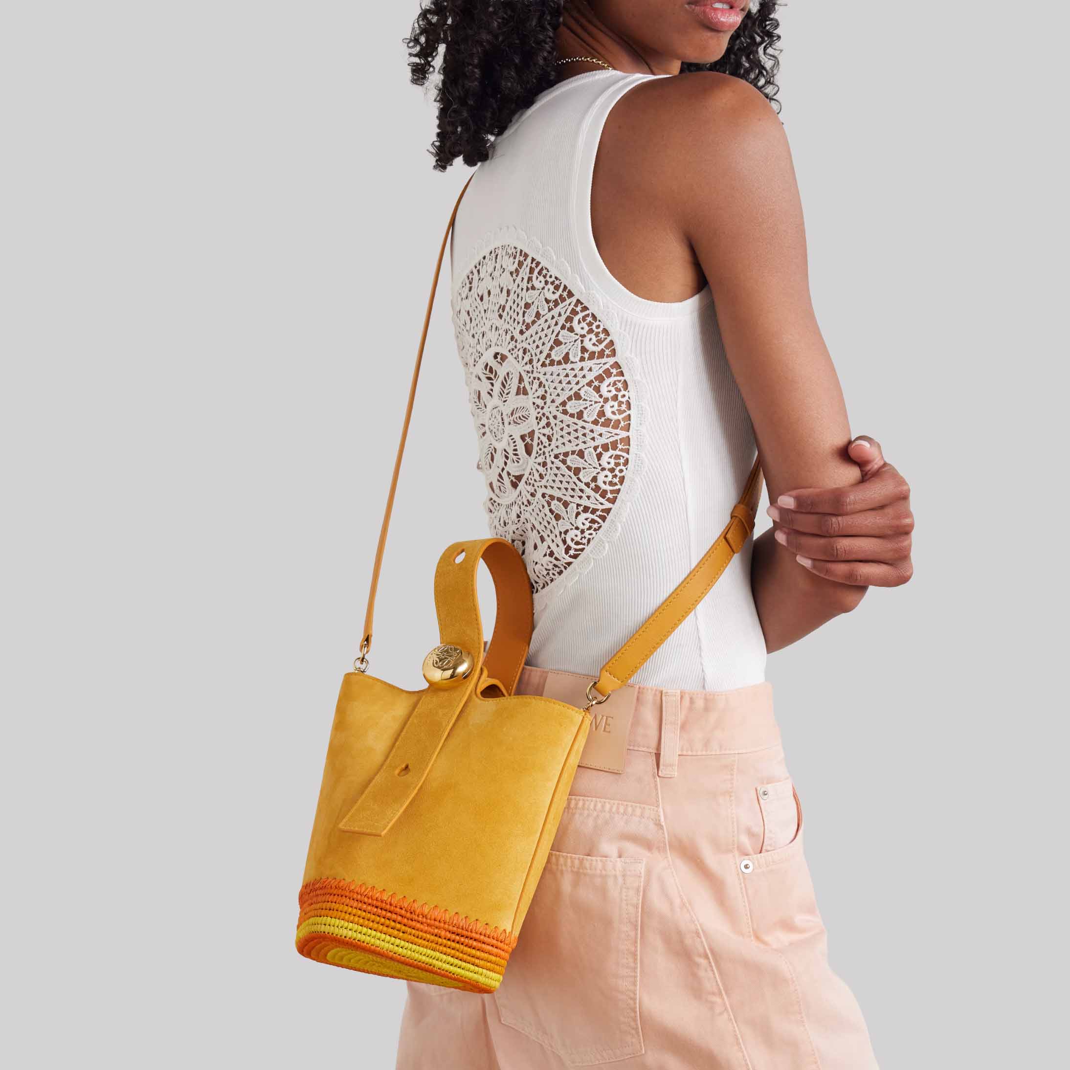 + Paula's Ibiza Pebble Mini Striped Raffia-Trimmed Suede Tote