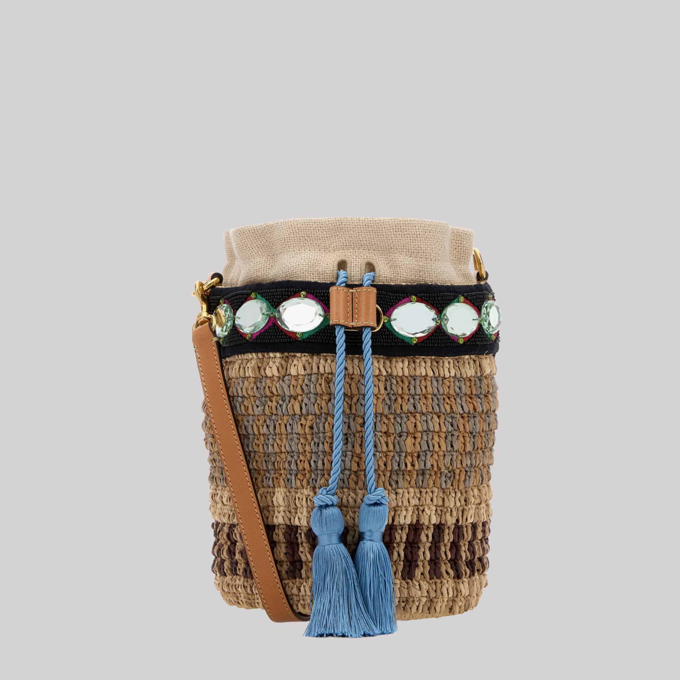 Small Embroidered Bucket Bag In Raffia