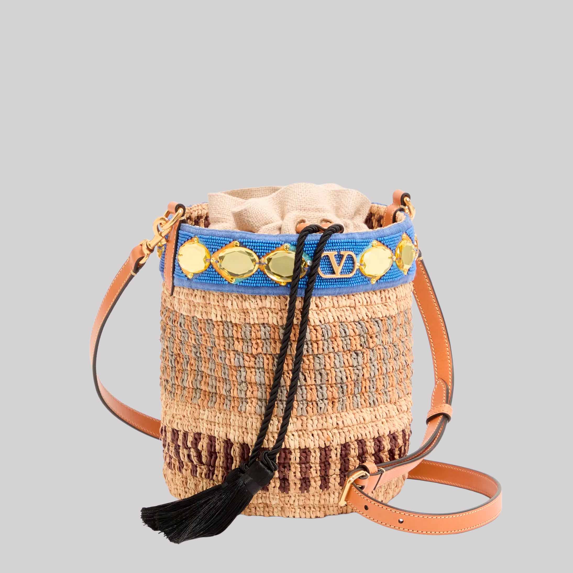 Small Embroidered Bucket Bag In Raffia