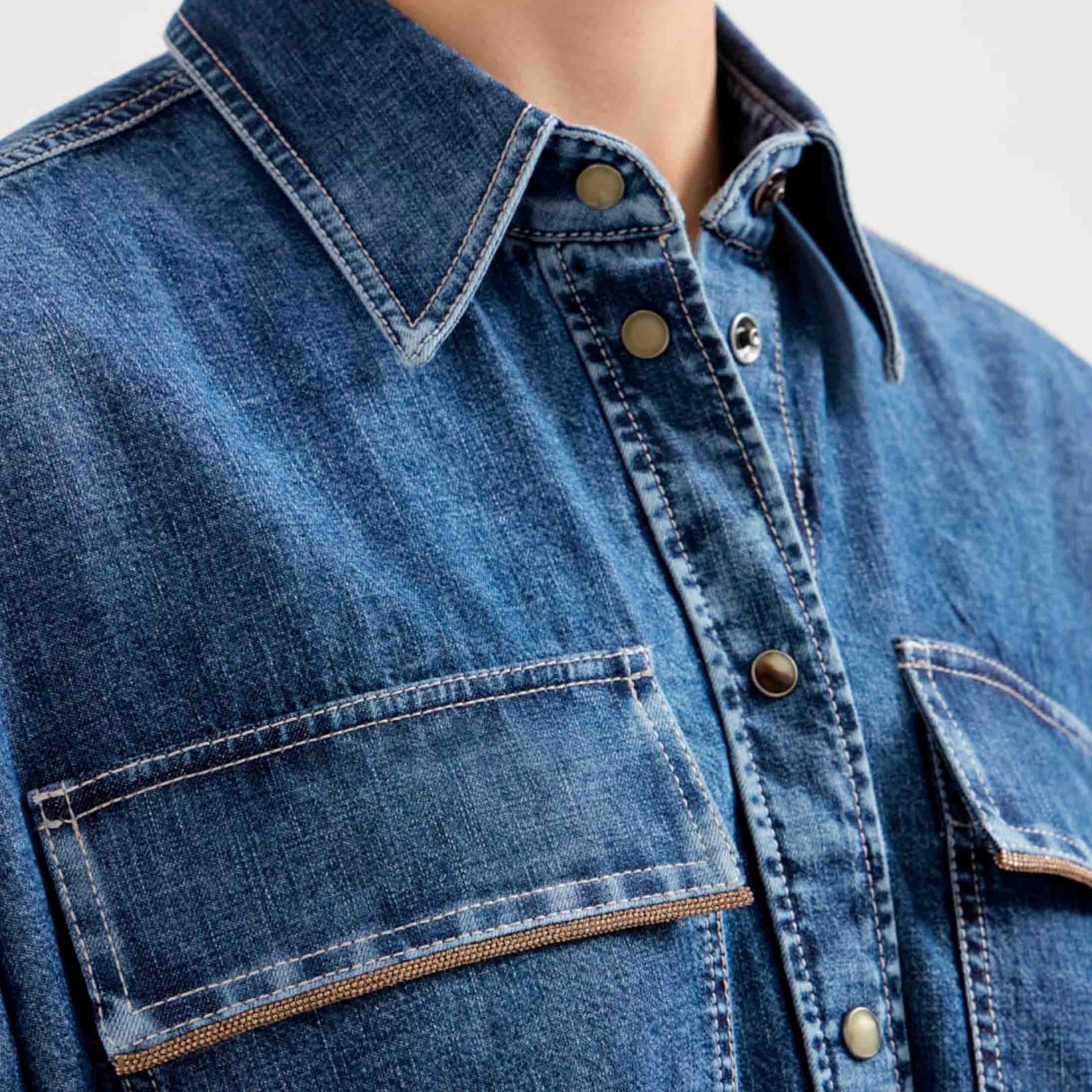 Light Denim Shirt With Shiny Pockets
