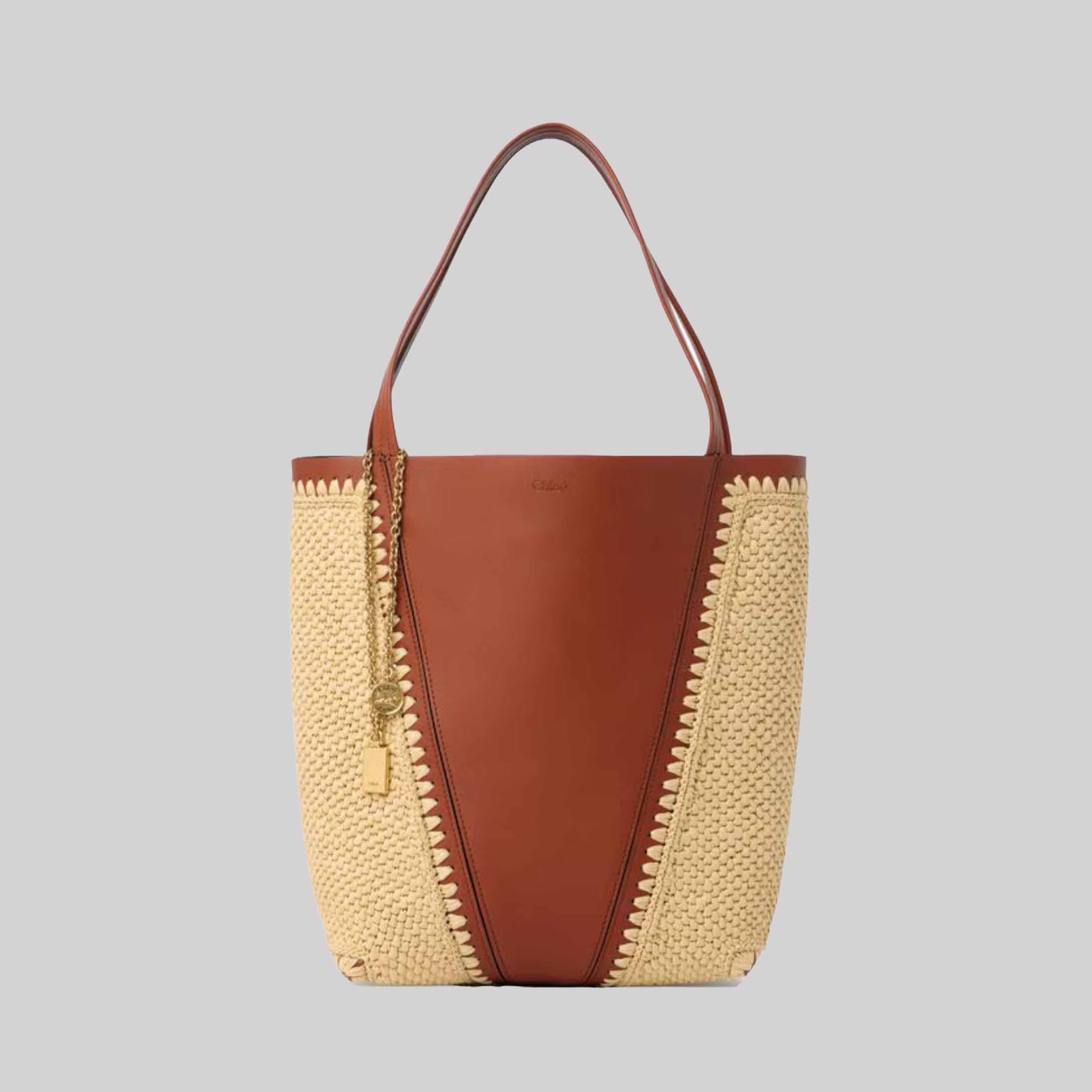 Chloé Spin Tote Bag In Raffia-Effect & Leather