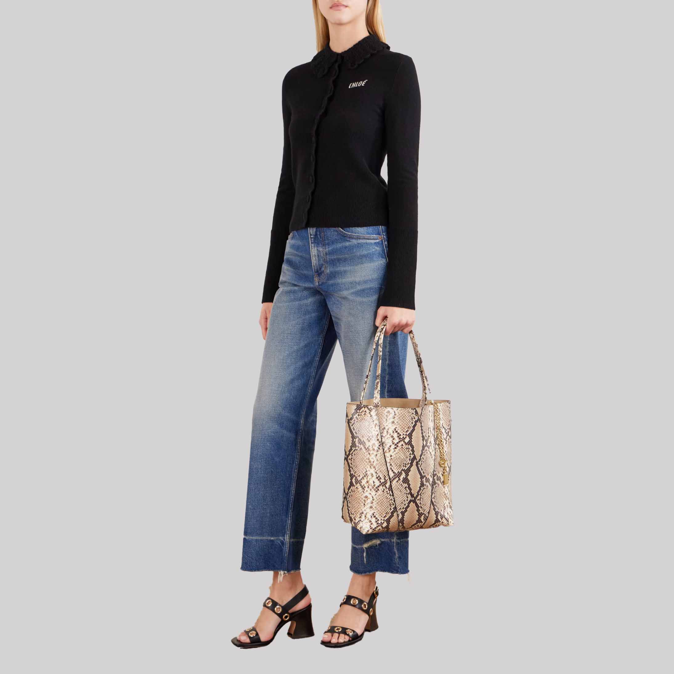 Spin Embellished Snake-Effect Leather Tote Bag