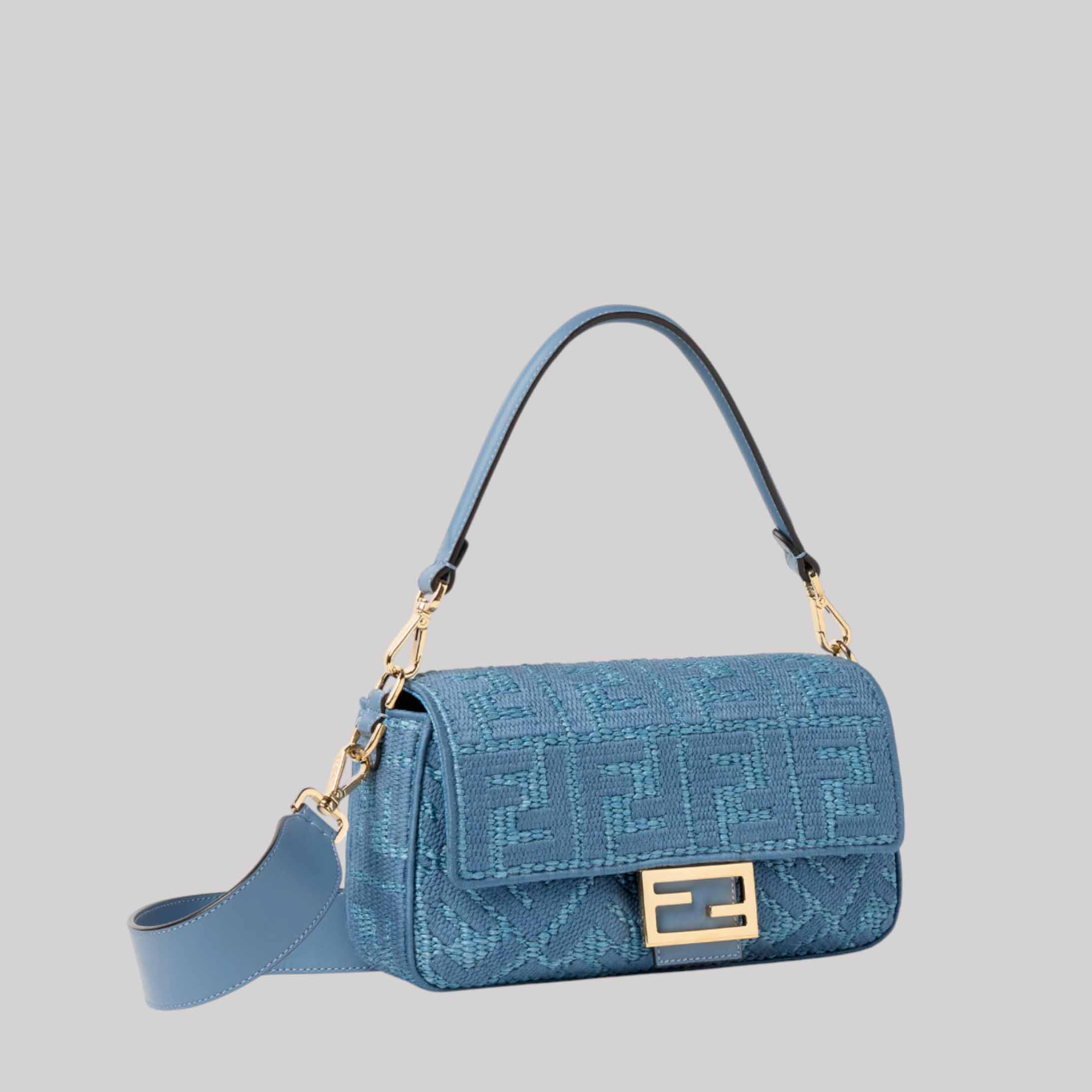Baguette® Blue Woven Raffia-Effect Material Bag With FF Embroidery