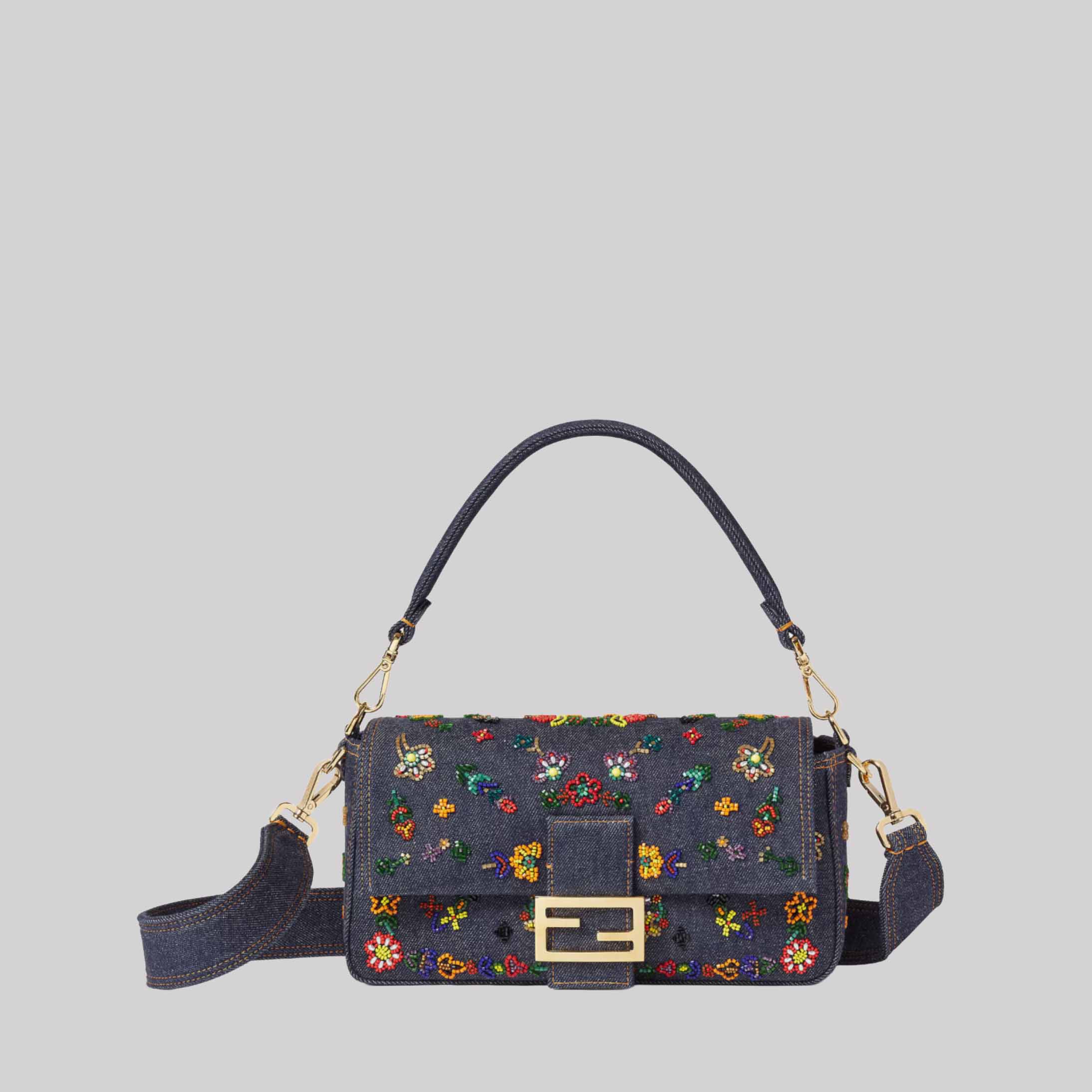 Baguette® Dark Blue Denim Bag With Floral Embroidery