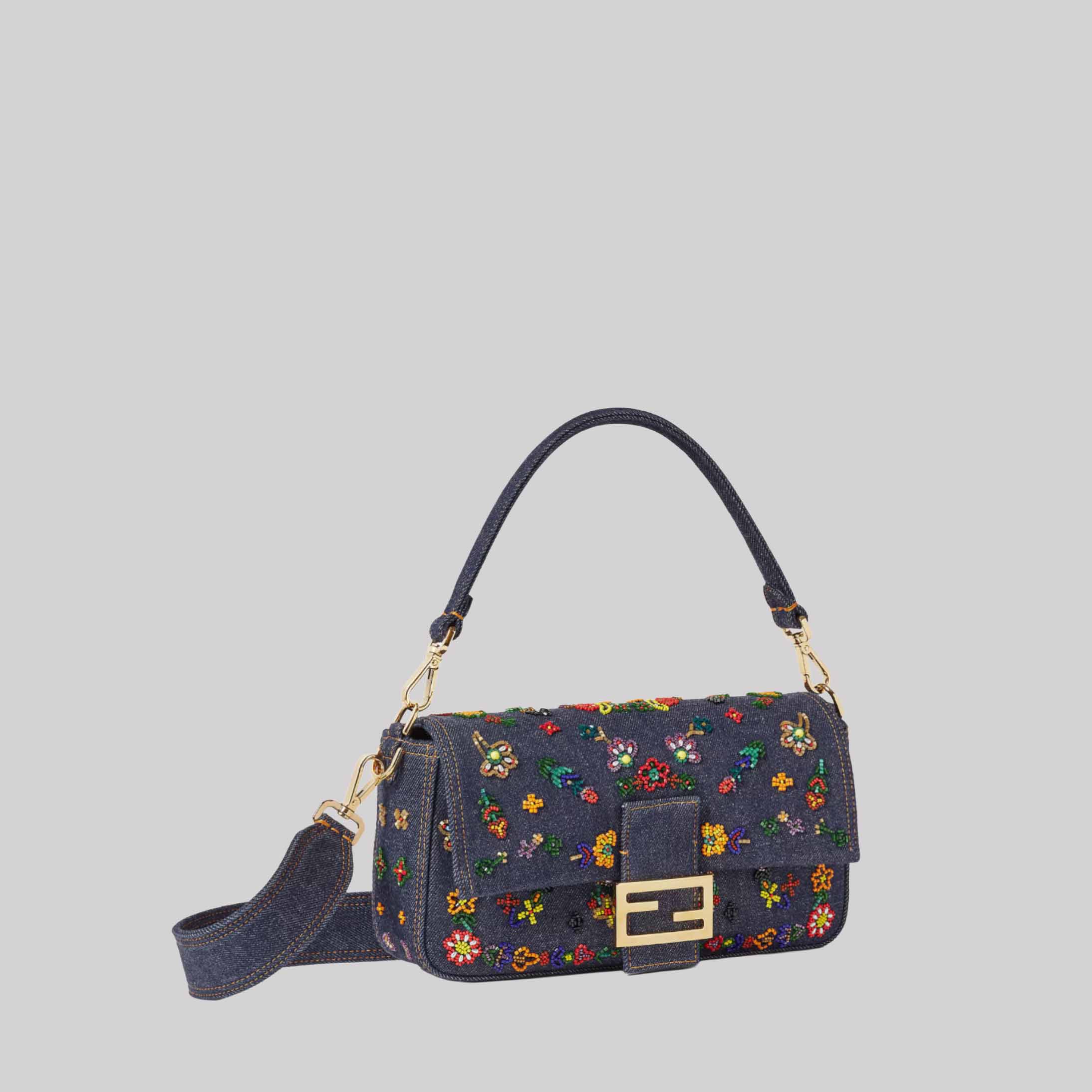 Baguette® Dark Blue Denim Bag With Floral Embroidery