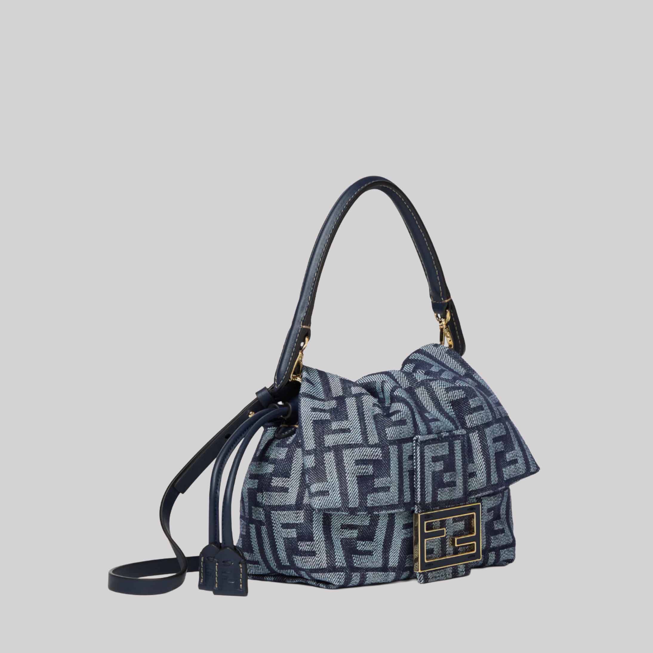 Mamma Baguette Small Dark Blue Denim-Effect FF Jacquard Mini-Bag
