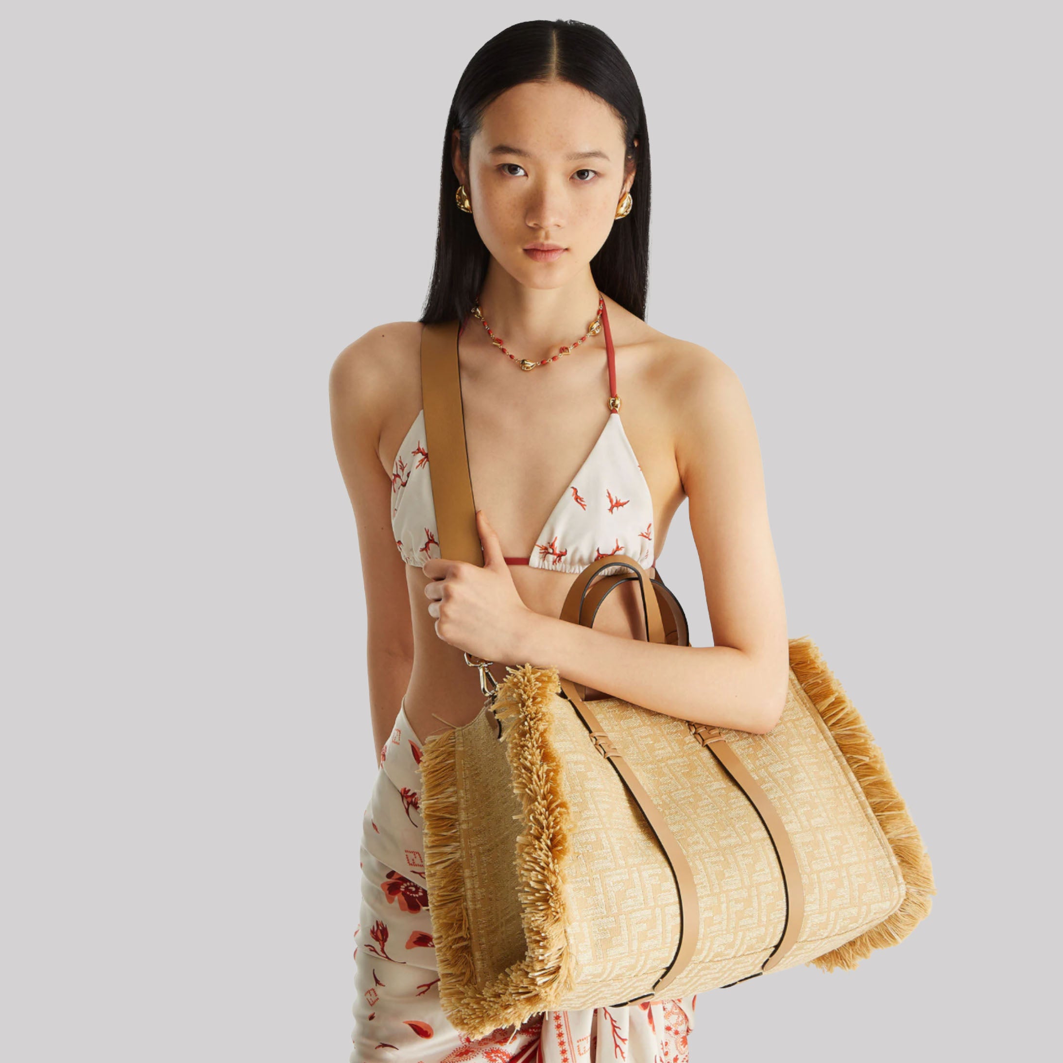 Summer Tote Jacquard Fabric Bag With Raffia FF