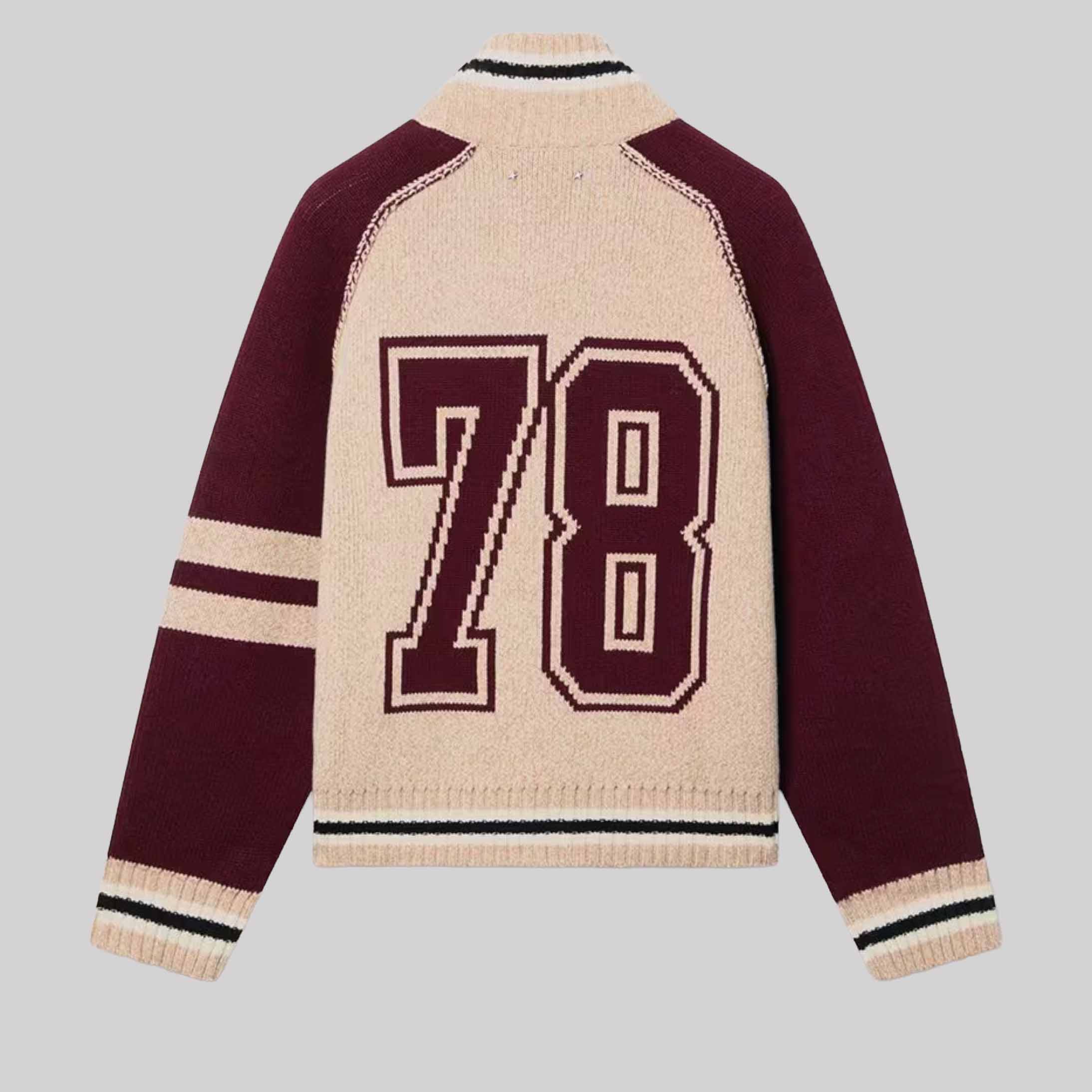 Unisex Bomber Jacket In White And Burgundy Jacquard Knit
