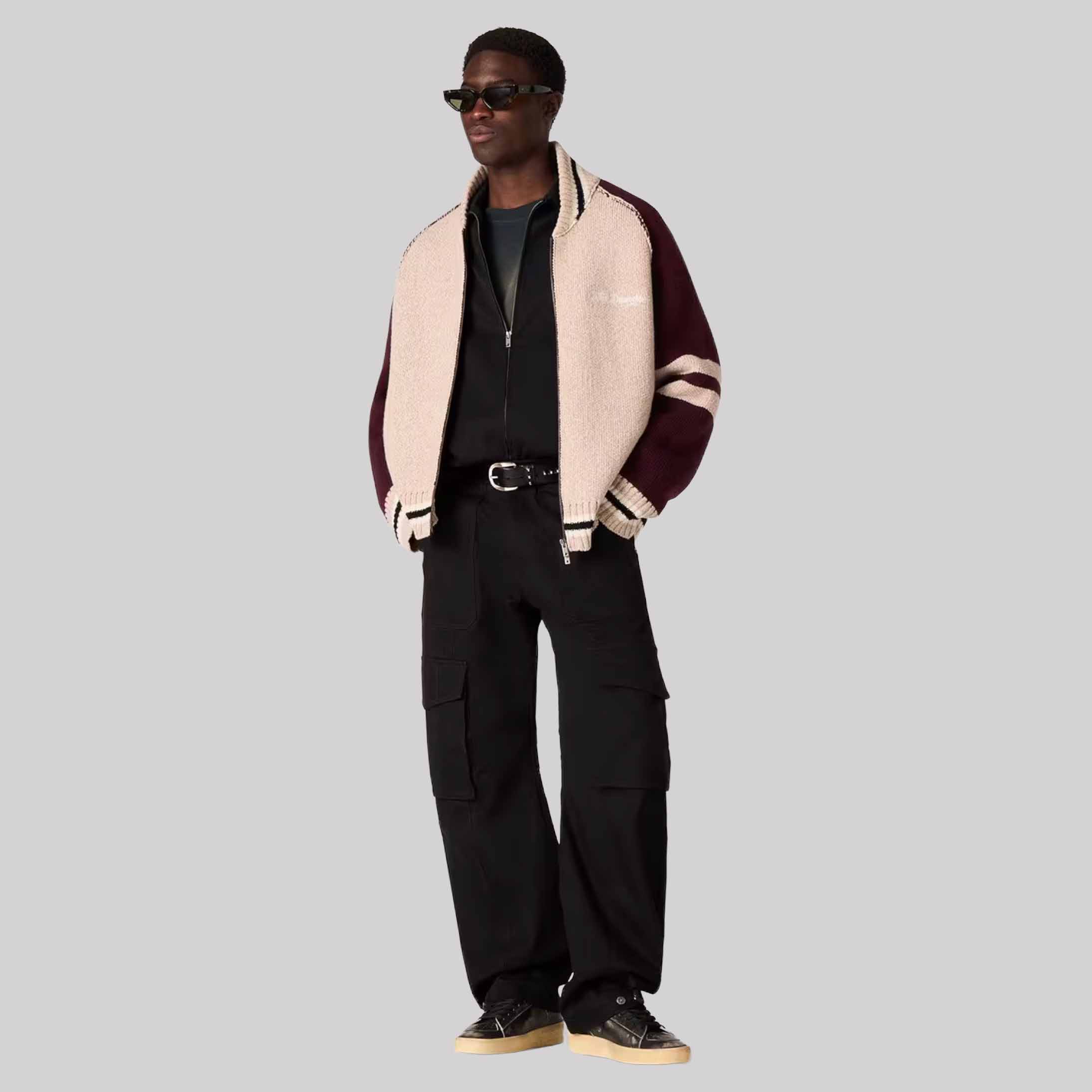 Unisex Bomber Jacket In White And Burgundy Jacquard Knit