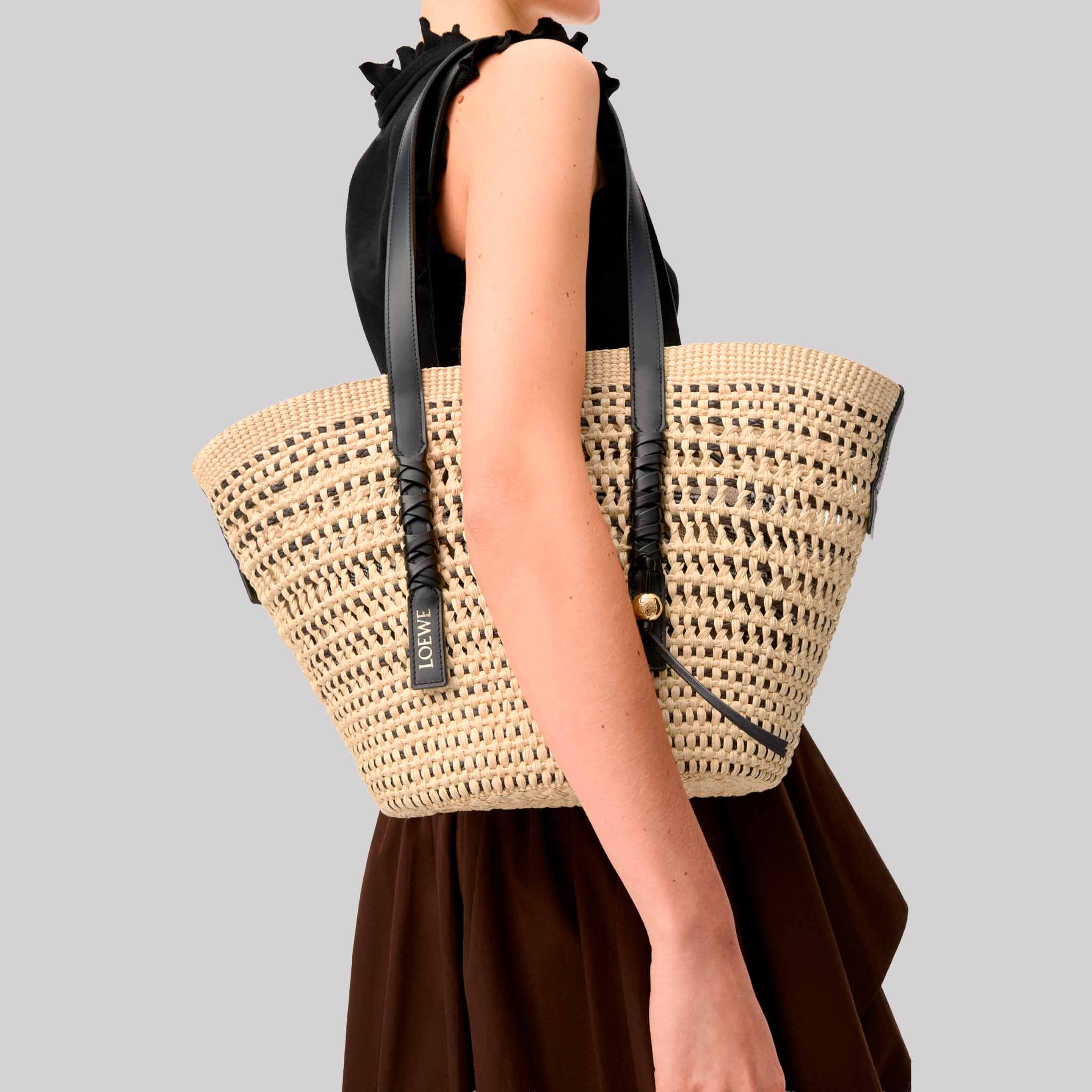 Medium Braid Basket In Iraca Palm And Calfskin