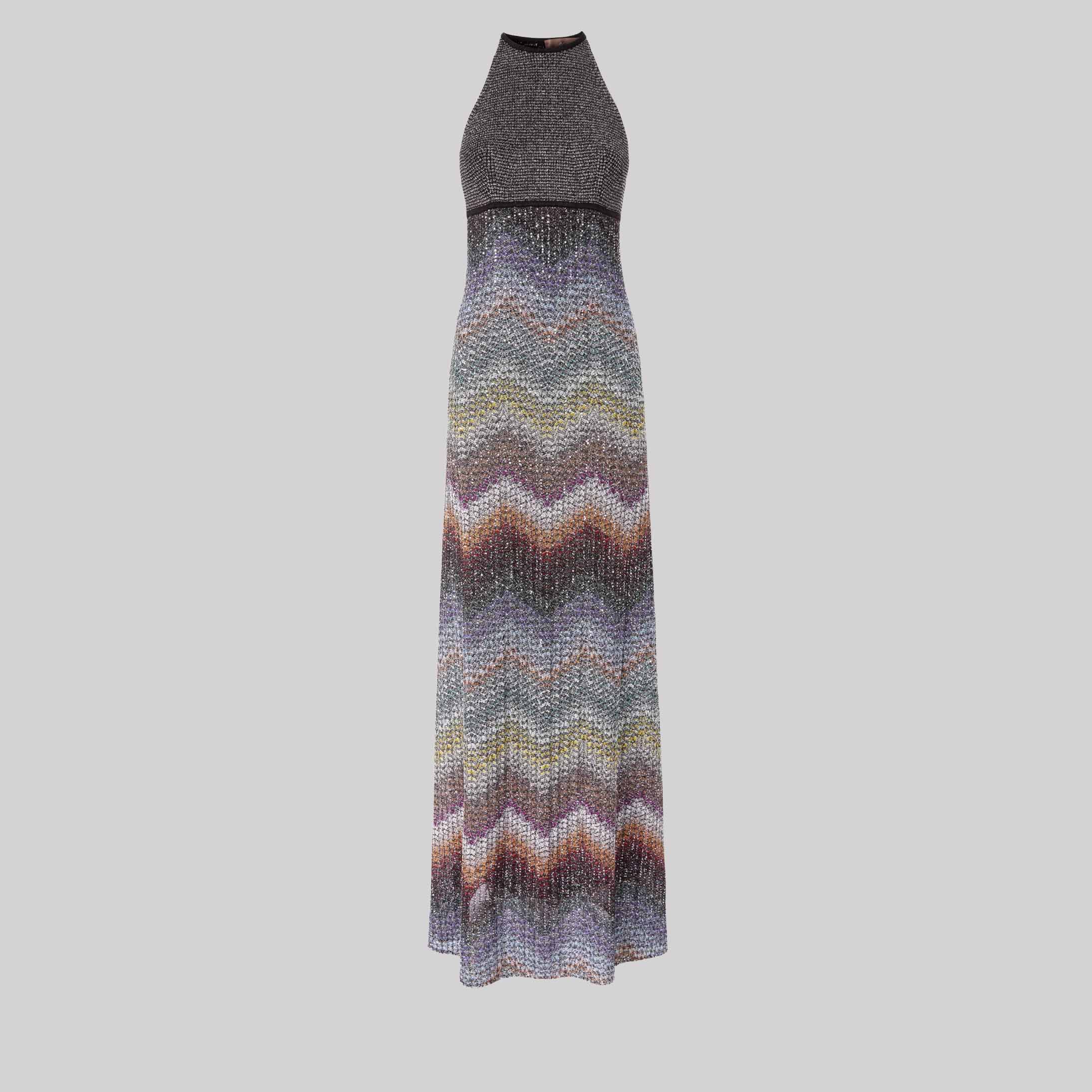 Long Halter-Neck Dress In A Greek-Style Zigzag Knit With Sequins