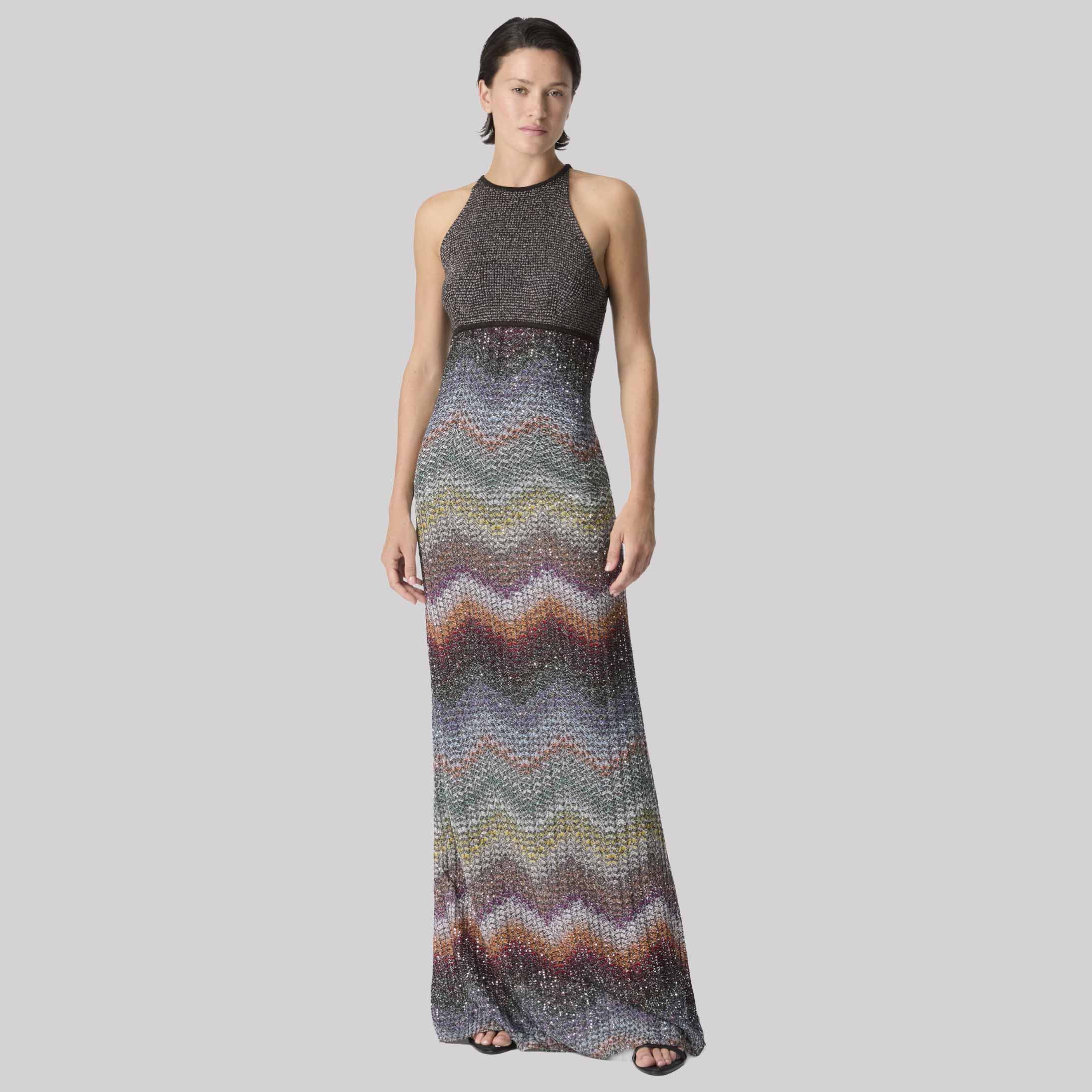 Long Halter-Neck Dress In A Greek-Style Zigzag Knit With Sequins
