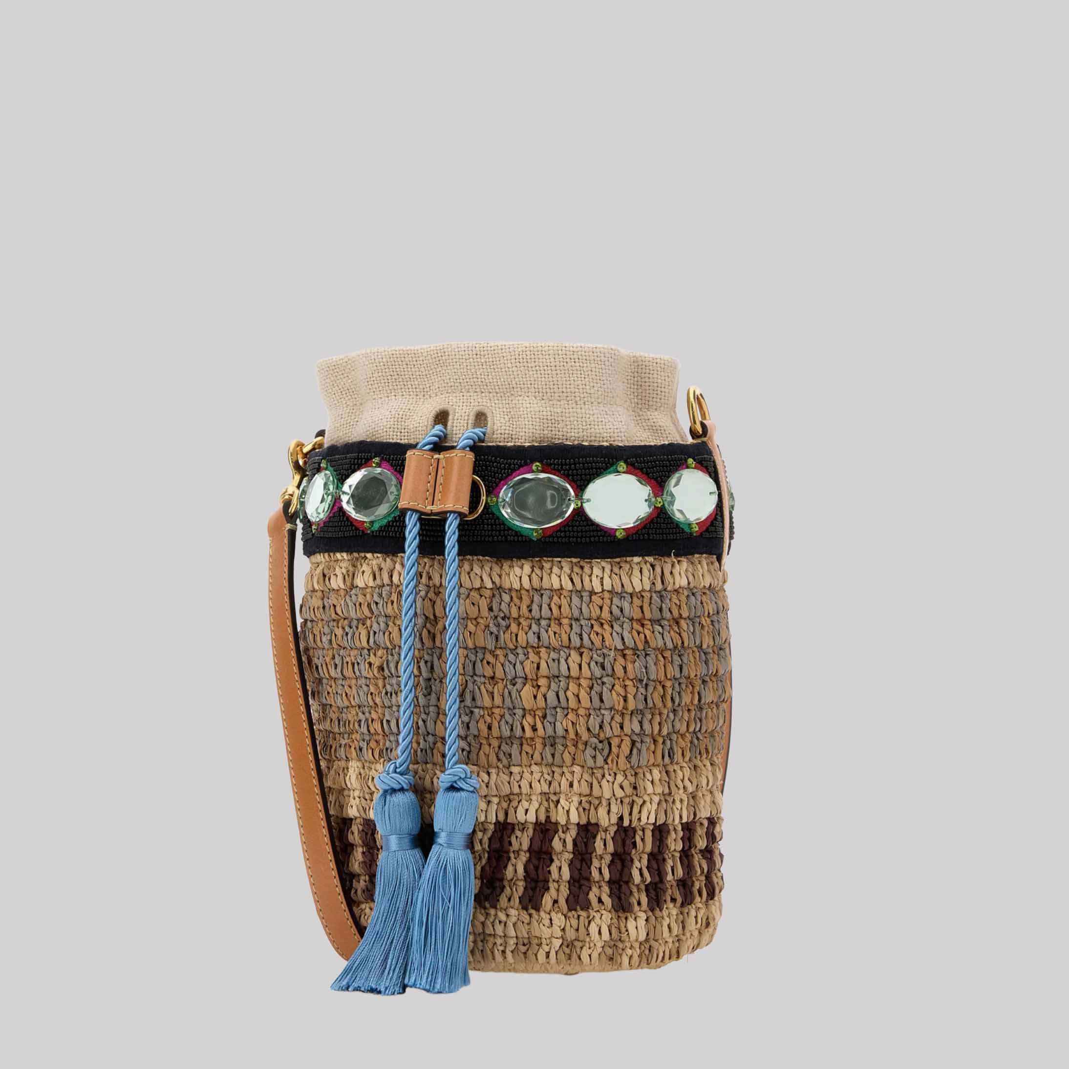 Small Embroidered Bucket Bag In Raffia