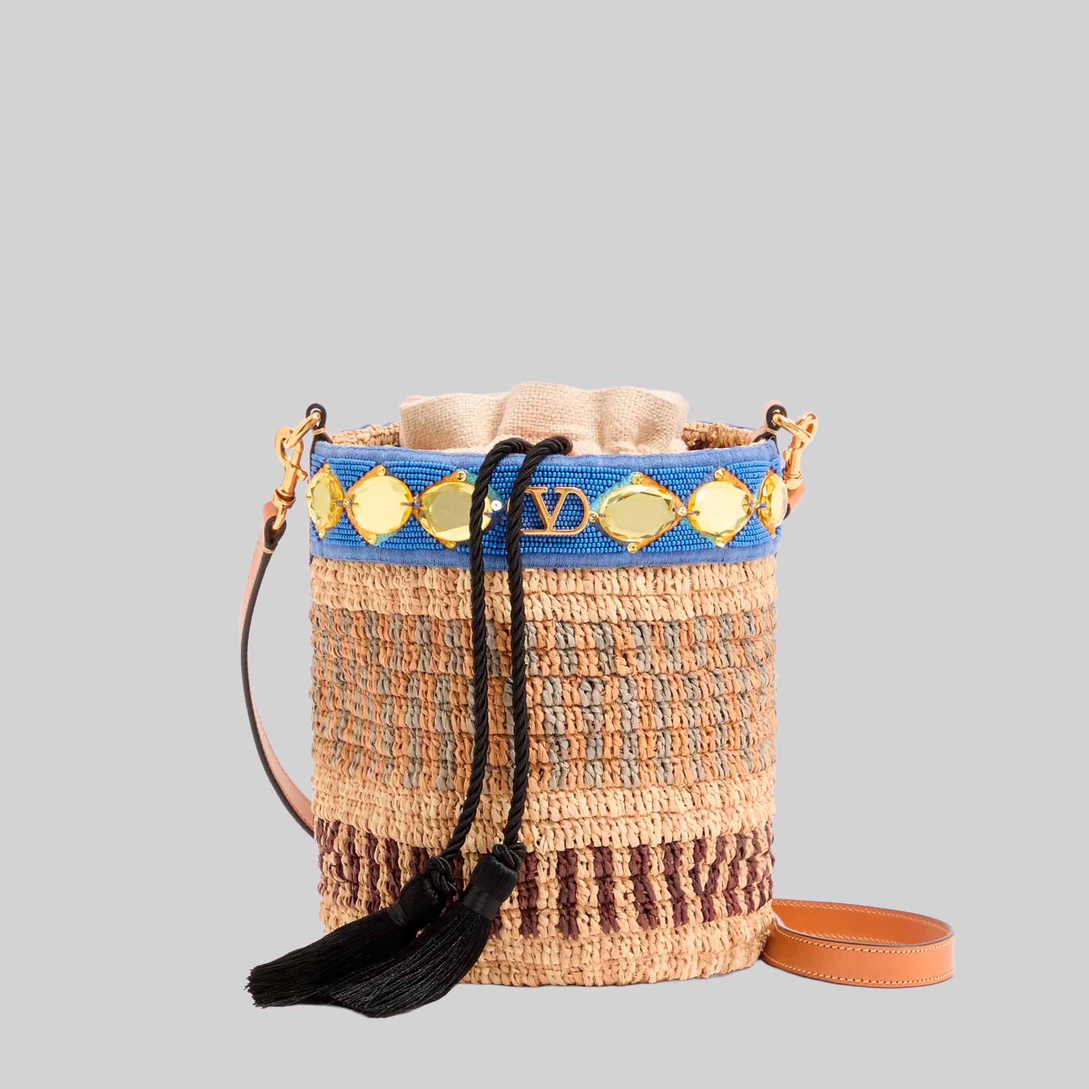 Small Embroidered Bucket Bag In Raffia