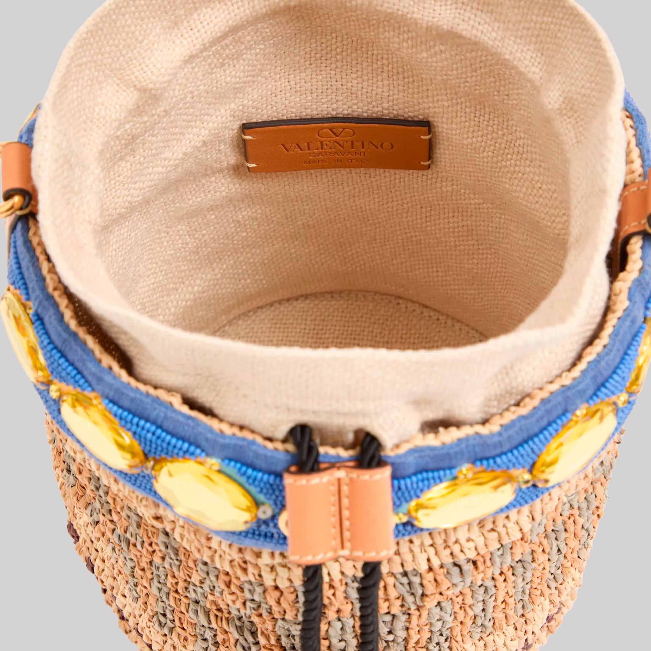 Small Embroidered Bucket Bag In Raffia