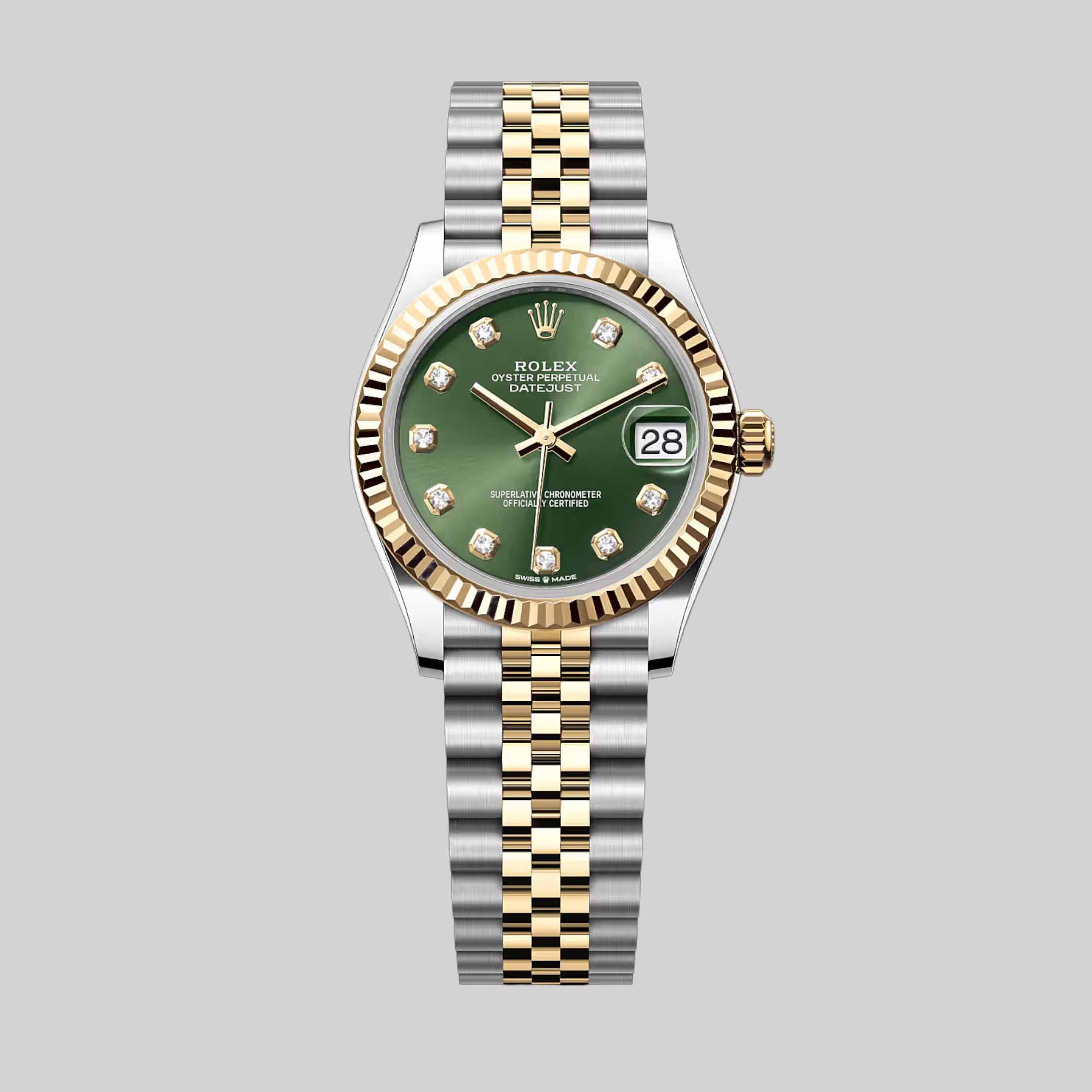 Datejust 31 Two Tone Yellow Gold & Oystersteel, Olive Green Set With Diamonds Dial